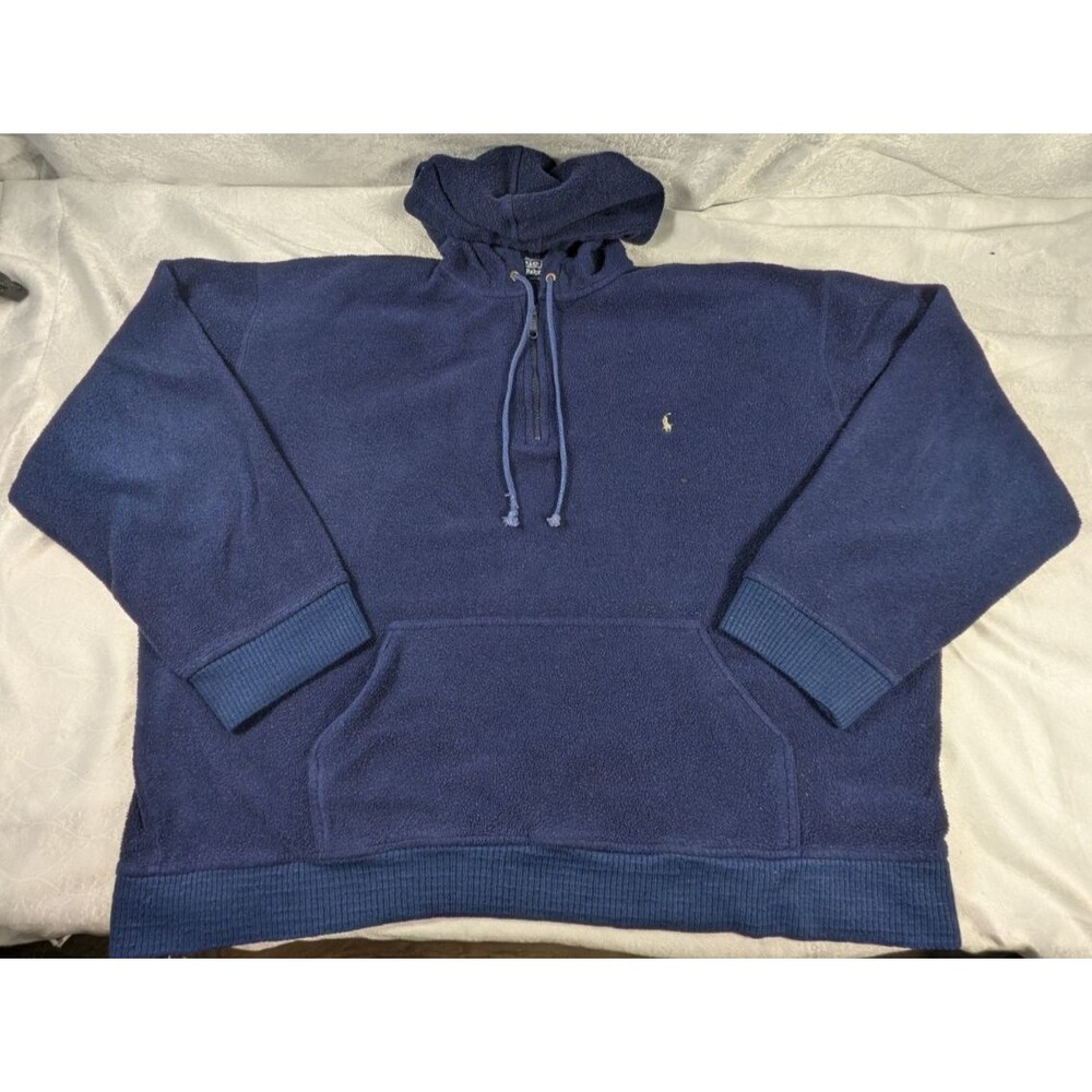 Vintage Polo Ralph Lauren XL Navy Fleece 1/4 Zip Hoodie Pony Logo 90s Y2K